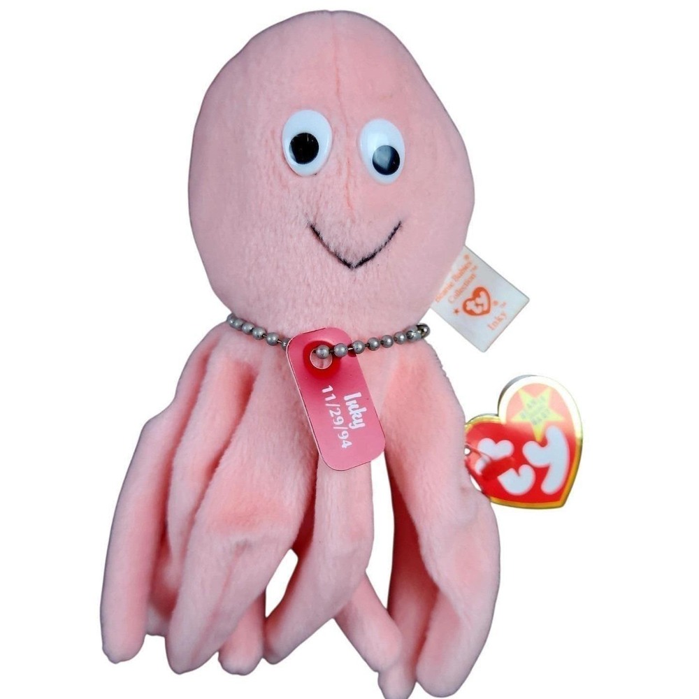 Vintage Ty Beanie Baby‎ Inky Octopus Pink 1993 Tush Tag Ball Chain Name Tag